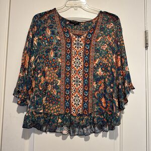 Rachel Zoe Boho Tunic Blouse Size 1X Multicolor Viscose 3/4 Wide Sleeves Ruffles